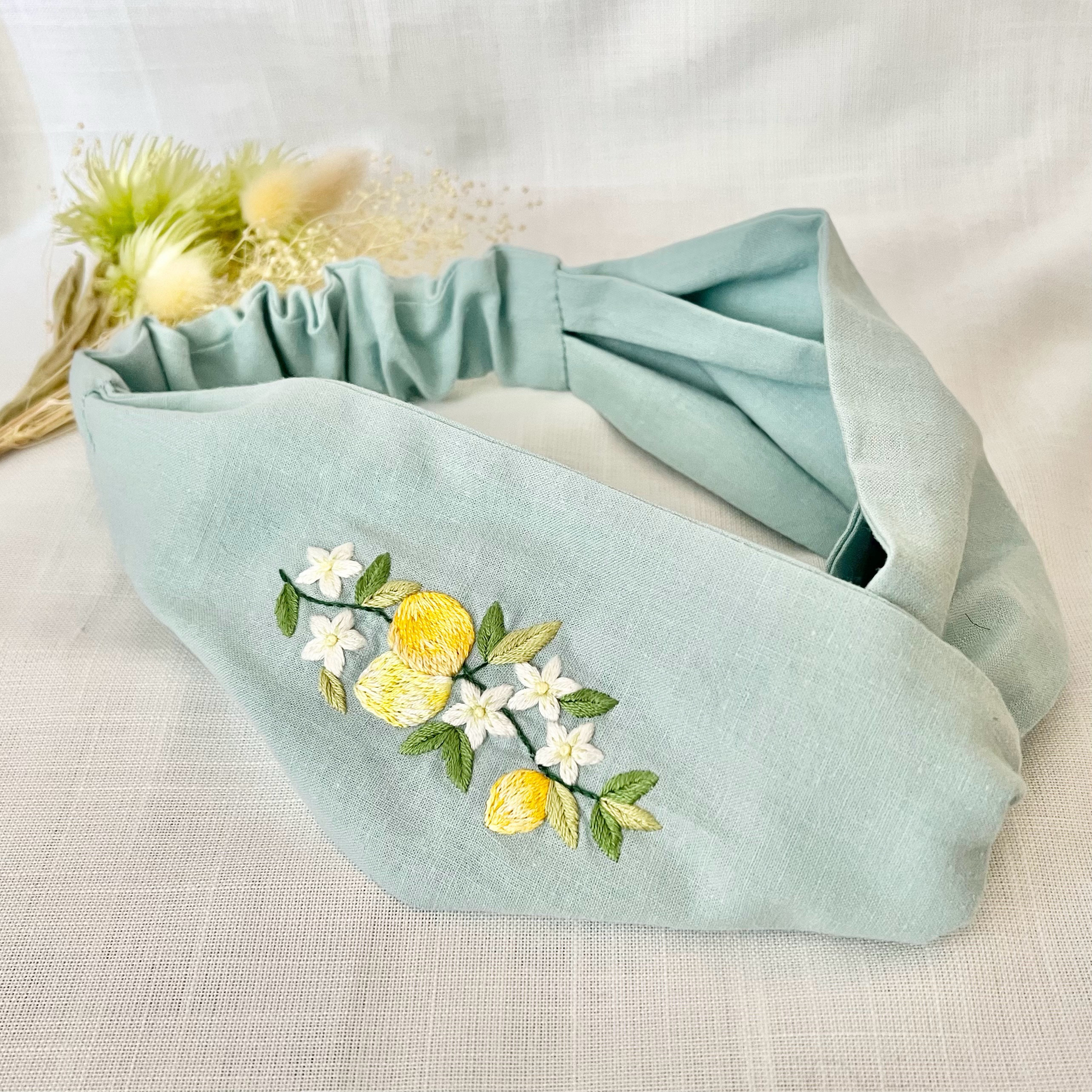甘酸っぱい香り＊レモンの刺繍ヘアターバン・ヘアバンド(華やか刺繡)/ハーフリネン