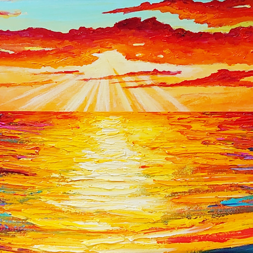 油絵 絵画  夕日の海 【A4】