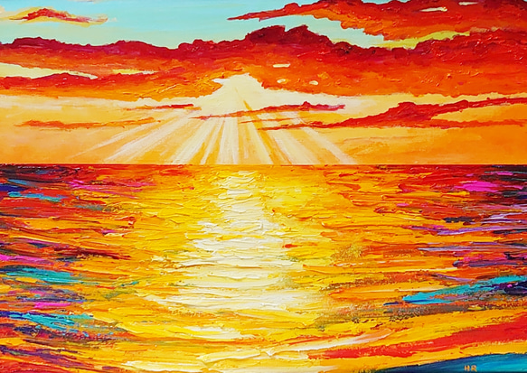 油絵 絵画 夕日の海【Ａ3】 1枚目の画像