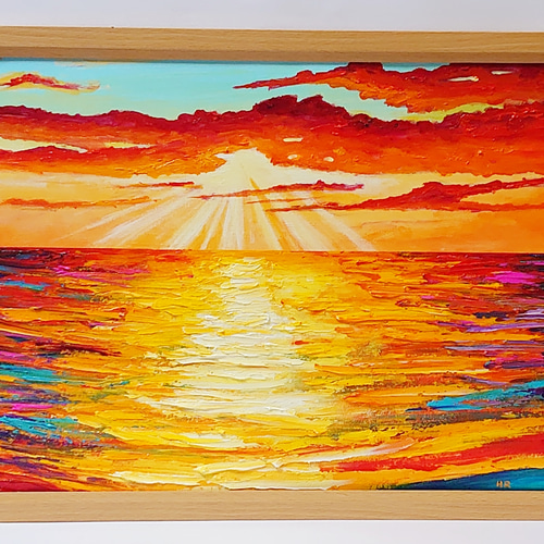 油絵 絵画 夕日の海【Ａ3】