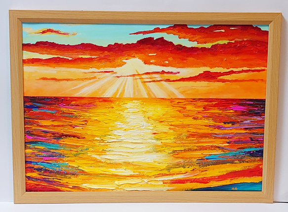 油絵 絵画 夕日の海【Ａ3】 4枚目の画像