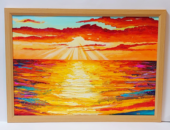 油絵 絵画 夕日の海【Ａ3】 2枚目の画像