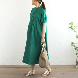 亞麻燈籠袖打褶連衣裙（綠色）OP20。 第2張的照片