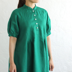 亞麻燈籠袖打褶連衣裙（綠色）OP20。 第3張的照片