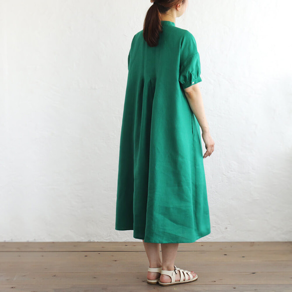 亞麻燈籠袖打褶連衣裙（綠色）OP20。 第5張的照片