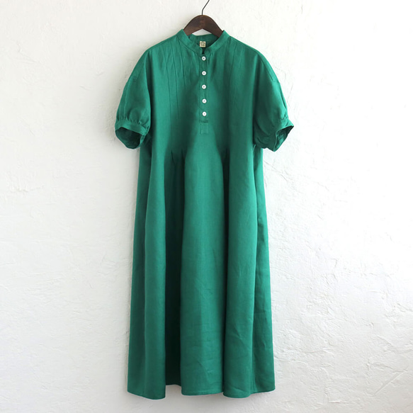 亞麻燈籠袖打褶連衣裙（綠色）OP20。 第6張的照片