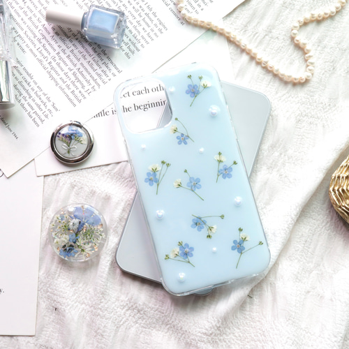 アリスブルーとかすみ草 押し花スマホケース iPhoneケース Android
