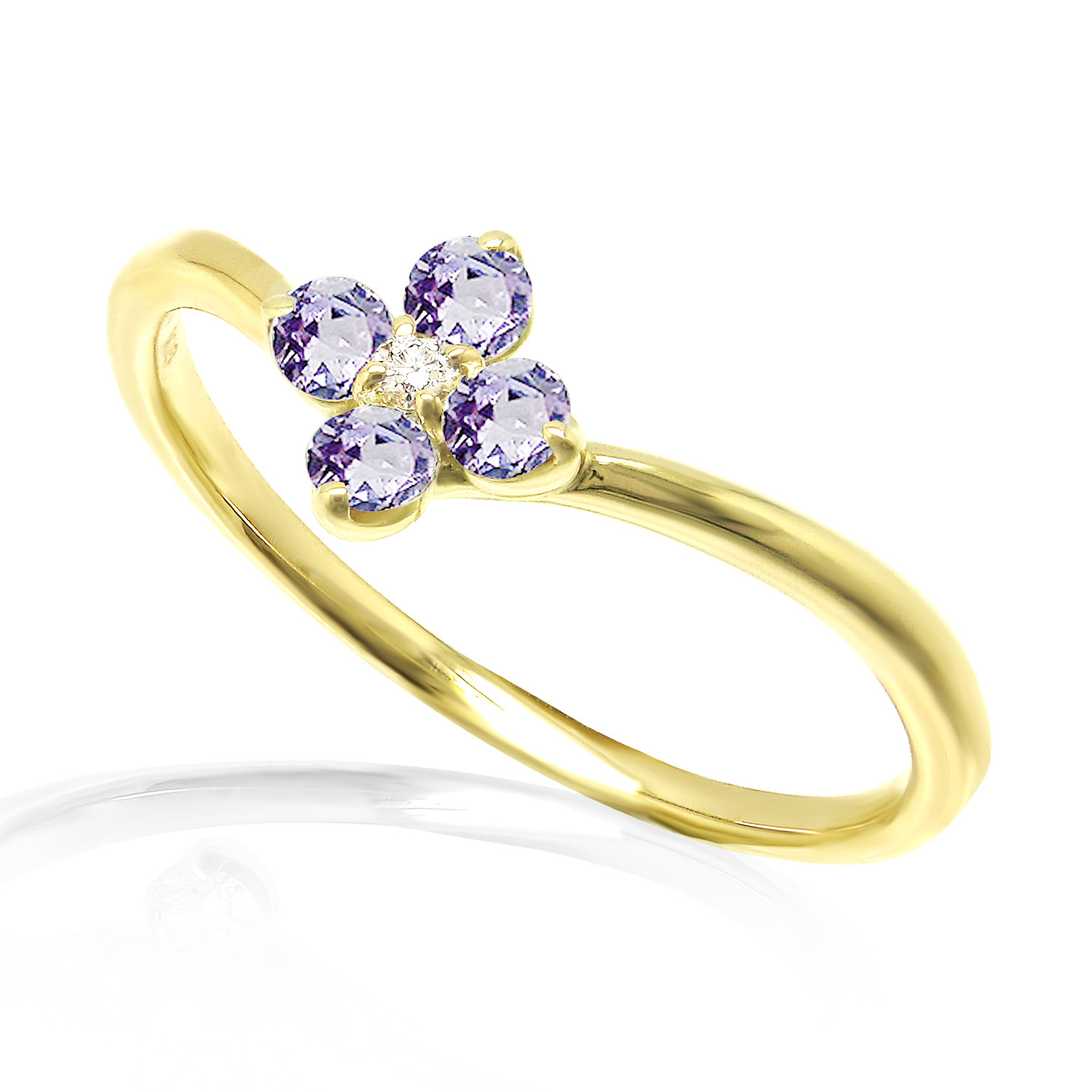 12月誕生石 天然石 タンザナイト と ダイヤ K18 イエローゴールド 花 のモチーフ 大人可愛い ファッションリング