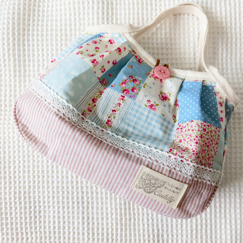 ブルーパッチワーク柄×ピンクストライプ ミニグラニーバッグ グラニー