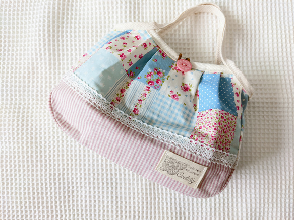 ブルーパッチワーク柄×ピンクストライプ ミニグラニーバッグ グラニー