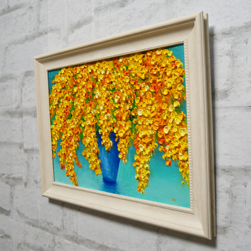 油絵 油彩 油彩画 絵 絵画 【青い背景のミモザ】 油絵 油彩 油彩画 絵 絵画 【青い背景のミモザ】 絵画 HR 通販