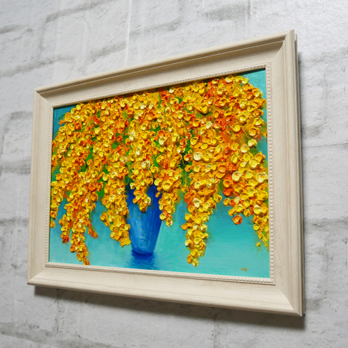 絵画　油絵　アート　原画　一点物　花　ミモザ　イエロー　可憐　SM 油絵 油彩 油彩画 絵 絵画 【ミモザ】 絵画 HR 通販 14066728