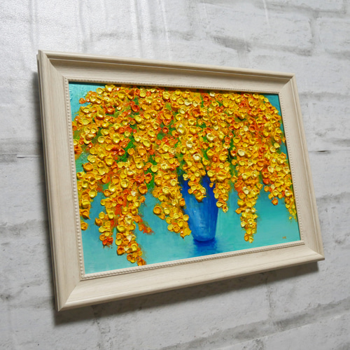 油絵 油彩 油彩画 絵 絵画 【ミモザと青い満月】 油絵 油彩 油彩画 絵 絵画 【ミモザ】 絵画 HR 通販 14066728