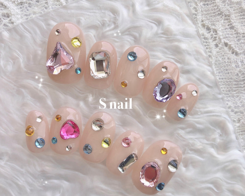 ネイルチップ ワンホン ツイード ガーリー リボン ビジュー ネイルチップ キラキラ ワンホン ビジュー ハート リボン ガーリー 韓国