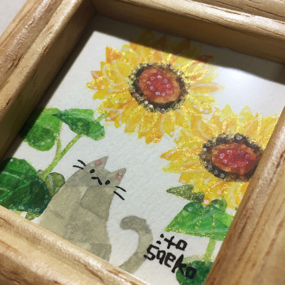 ミニ額入り原画「花とネコ39」 2枚目の画像