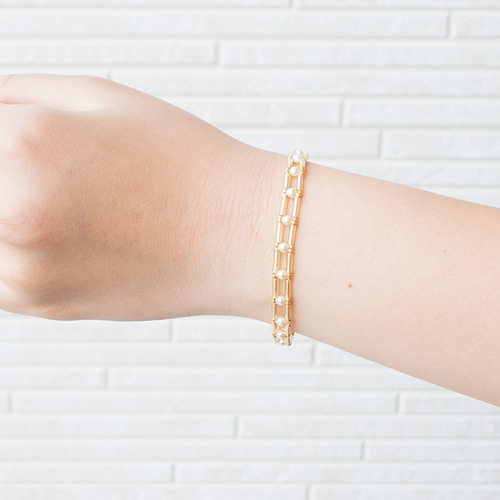 細め☆シンプルなパールと竹ビーズのチェーンブレスレット【ゴールド