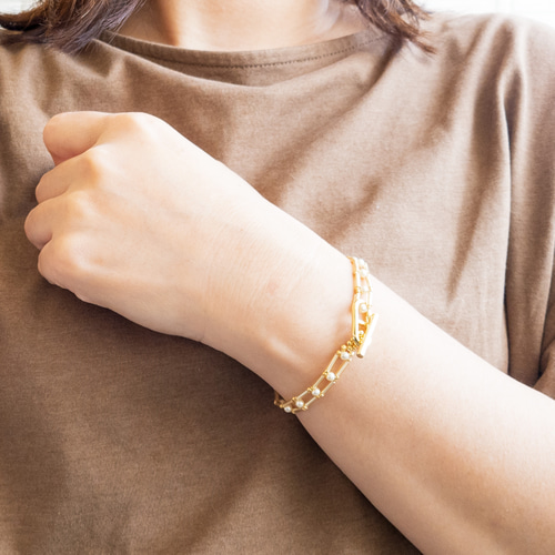 細め☆シンプルなパールと竹ビーズのチェーンブレスレット【ゴールド