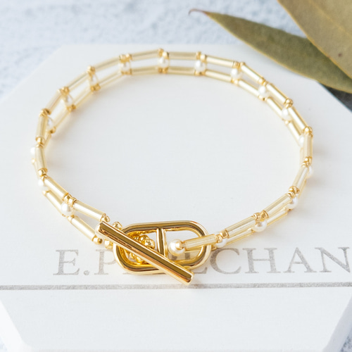 細め☆シンプルなパールと竹ビーズのチェーンブレスレット【ゴールド