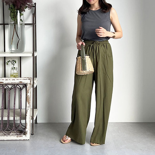 送0 大人の麻綿Aラインワイドパンツ 全5色/軽いこなれ感で◎リネン