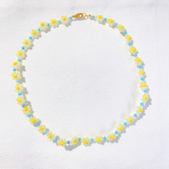 フラワービーズネックレス(黄色、水色) ビーズアクセサリー 韓国