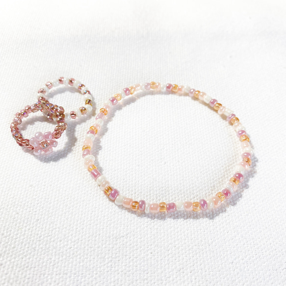フラワービーズアクセサリー3点セット(ピンク) ビーズブレスレット