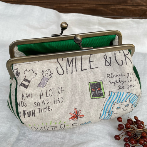 受注製作】再販➄ カラフル ブスカワキャット×グリーン がま口 メイク  