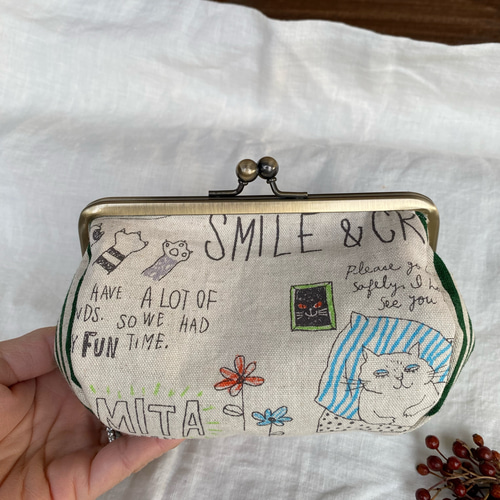 受注製作】再販➄ カラフル ブスカワキャット×グリーン がま口 メイク  