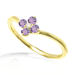 二月生日石天然石紫水晶和鑽石K18黃金花朵圖案成人可愛時尚戒指 第1張的照片