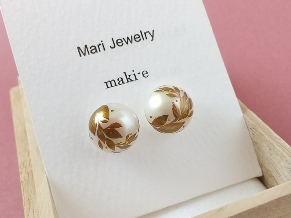 蒔絵パールピアス / 風と木の葉 / maki-e pearl earrings / leaves 5枚目の画像