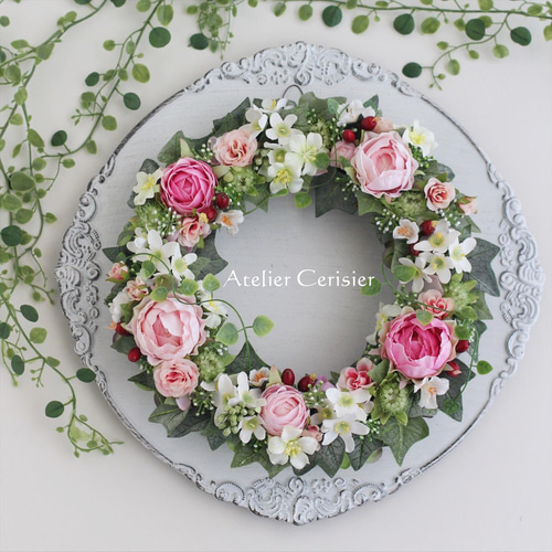 ☆ピンクローズ フラワーリース＜アーティフィシャルフラワー＞ピンク  