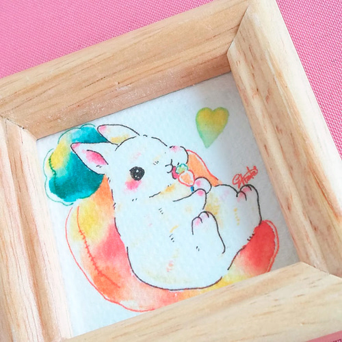 絵画。原画【手の中の紫色のアサガオ、かわいい黒猫とウサギ】 絵画。原画【手の中の紫色のアサガオ、かわいい黒猫とウサギ】