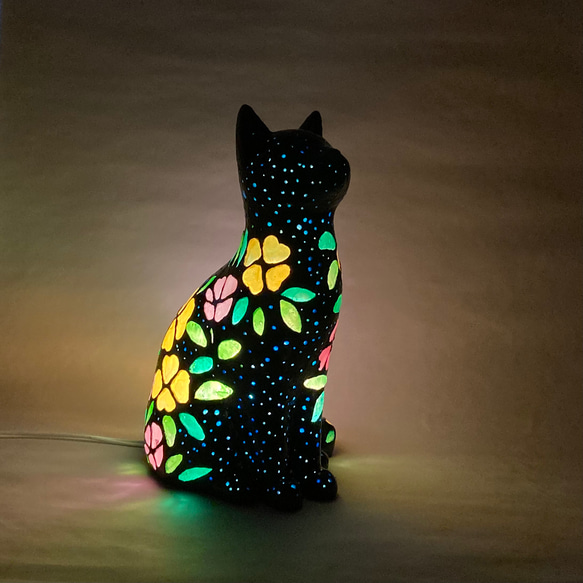 猫型ランプシェード (月夜の黒猫 月見草) 7枚目の画像