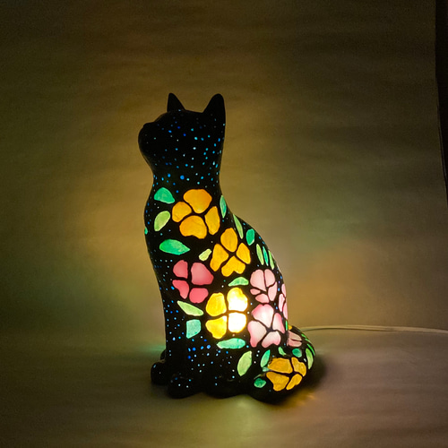 猫型ランプシェード (月夜の黒猫 月見草) スタンドライト・テーブル