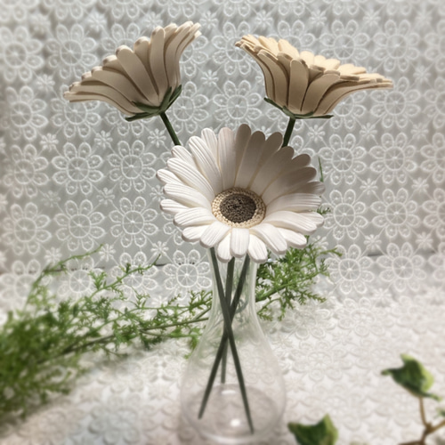 ガーベラ ホワイト ベージュ ブラウン 3本セット クレイフラワー
