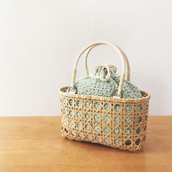 【限定販売】手編み緑巾着　きせかえ竹かごバッグ 1枚目の画像