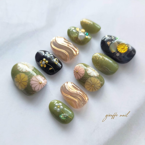 93 ネイルチップ 振袖ネイル 和装ネイル 前撮りネイル 緑ネイル 抹茶