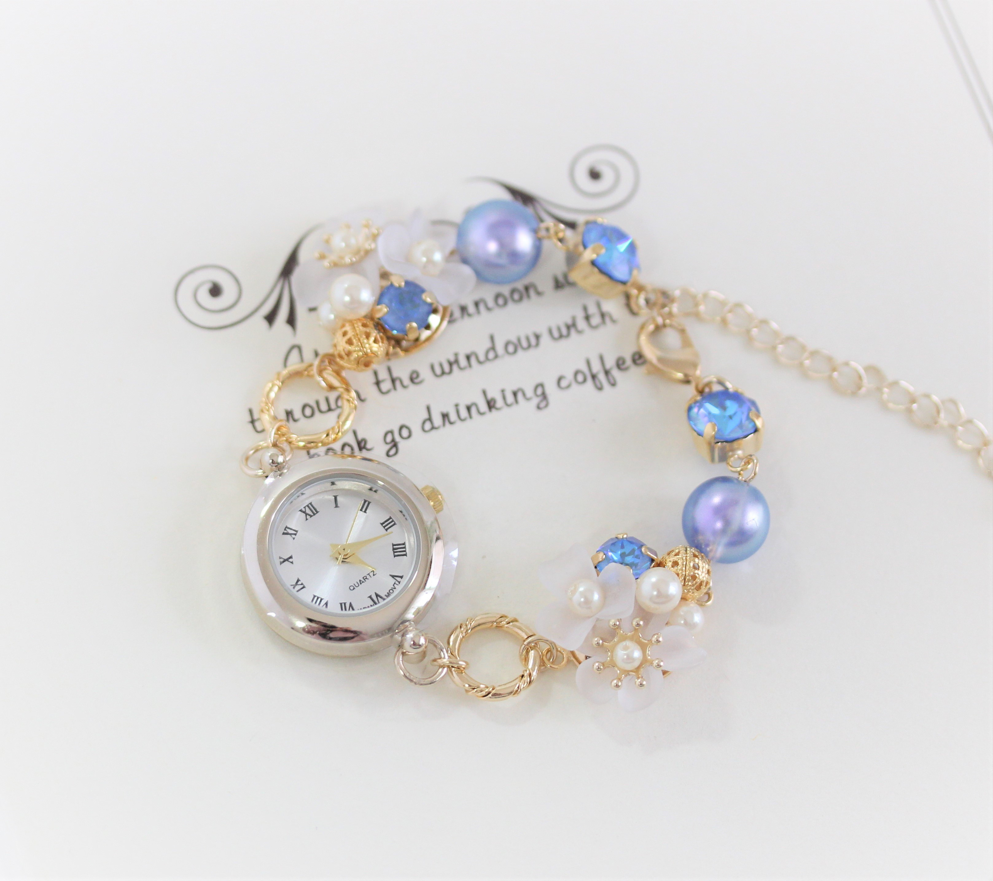 「受注生産」ドイツ製フラワー＆ブレスレットウォッチ（ブルー）