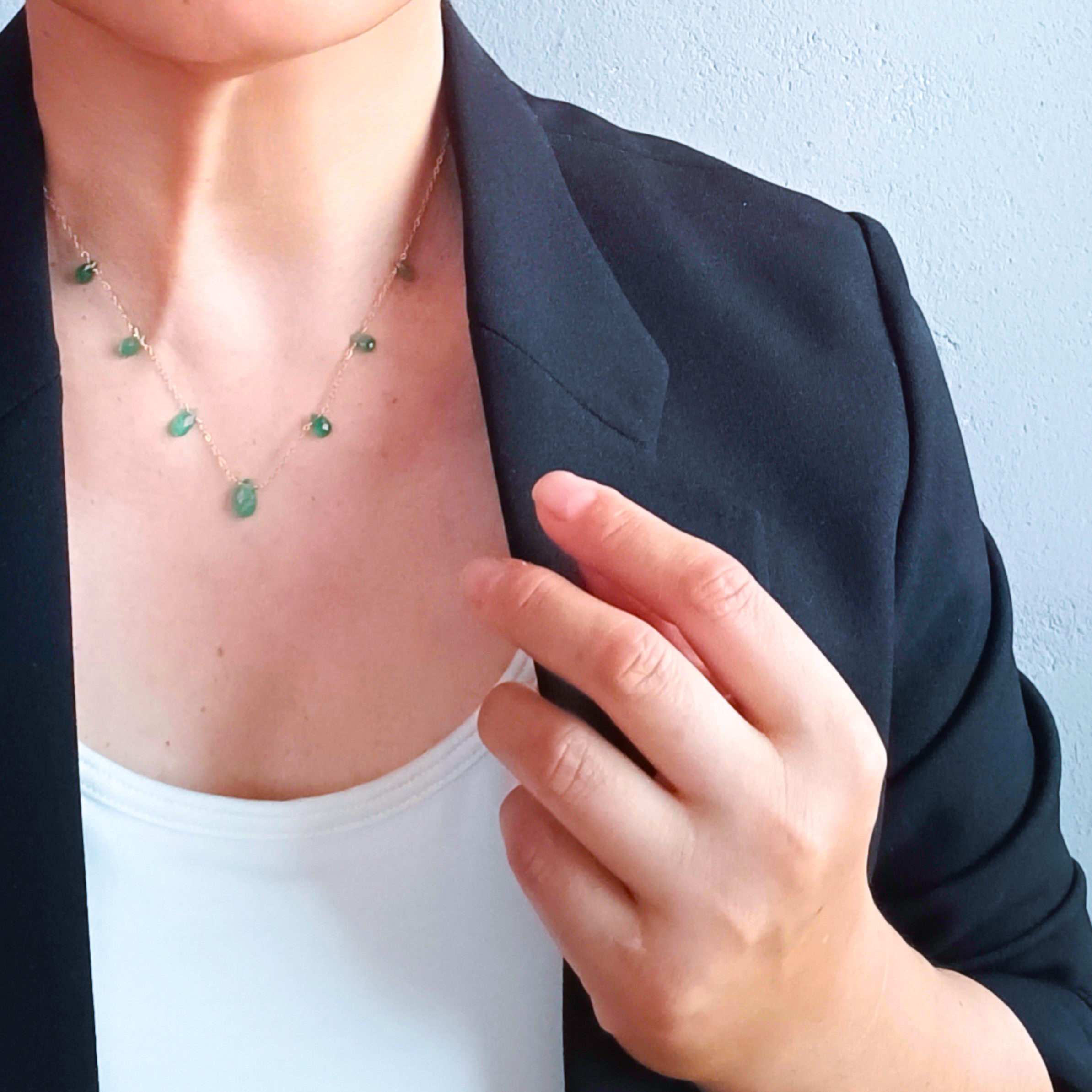 ジュエリー品質 高品質 エメラルド× 14kgf  の 7粒 ネックレス　40cm　5月誕生石　ペアシェイプ