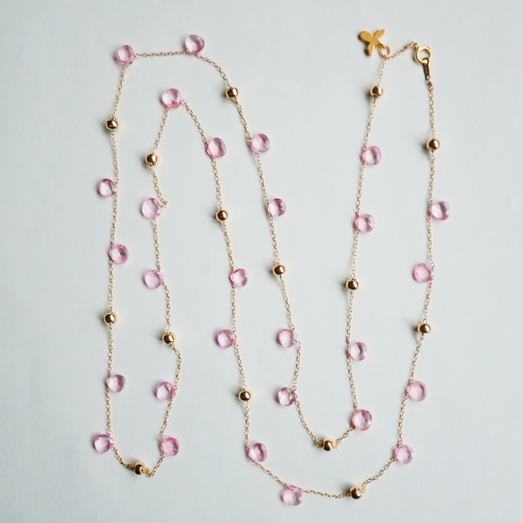 14kgf ビーズ × ピンク トパーズ の ロング ネックレス　100cm　ブルベ　イエベ 2枚目の画像