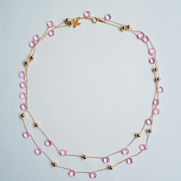 14kgf ビーズ × ピンク トパーズ の ロング ネックレス　100cm　ブルベ　イエベ 8枚目の画像