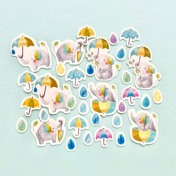 雨ふりぞうさんなフレークシール（ポストカード付） 5枚目の画像