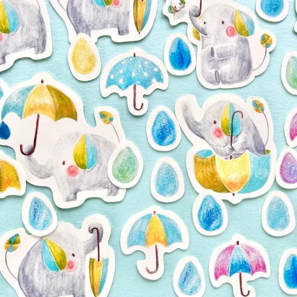 雨ふりぞうさんなフレークシール（ポストカード付） 1枚目の画像