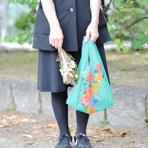 特別企画2208　シルクオーガンジーのハンドバッグ　花柄ミントグリーン　巾着付き 1枚目の画像