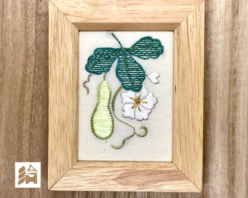 受注制作 夕顔 刺繍フレーム 絹糸と金糸の日本刺繍 インテリア 壁飾り