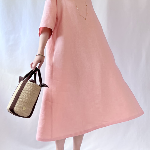 シルエットが可愛いゆったりAラインリネンワンピース】ピーチピンク  