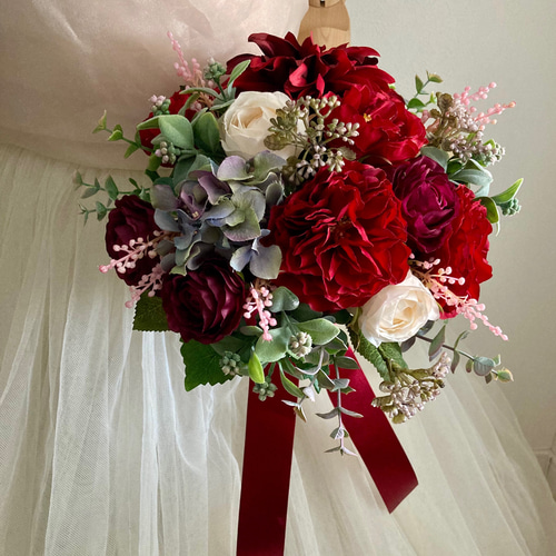 セミオーダーOK＊ダークレッドローズとダリアのナチュラルクラッチ