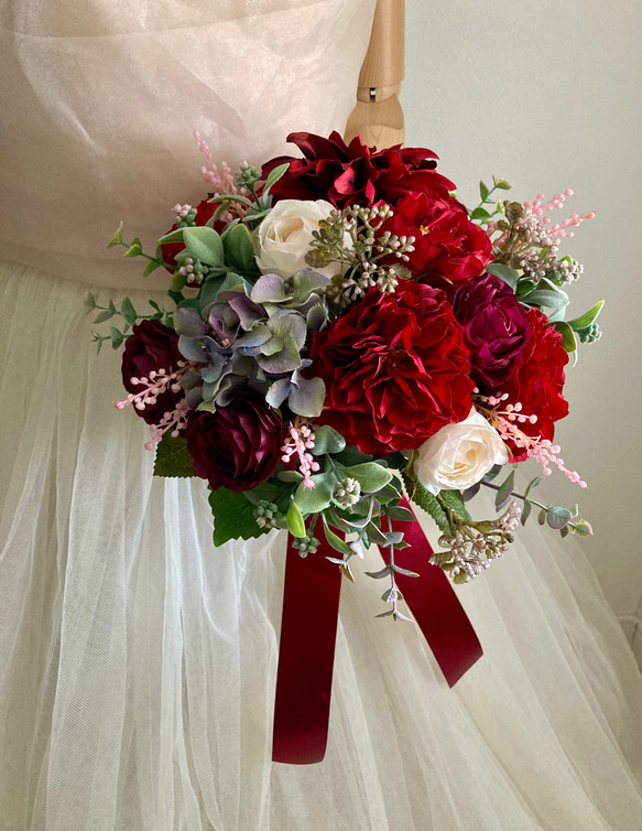 セミオーダーOK＊ダークレッドローズとダリアのナチュラルクラッチ