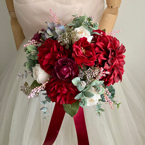 セミオーダーOK＊ダークレッドローズとダリアのナチュラルクラッチ