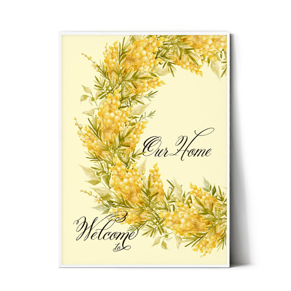 北欧ポスター【 玄関ウエルカムボード ミモザ 】家族名入れ　お店の受付　ウエディング用にも　花　ミモサ mimosa 2枚目の画像