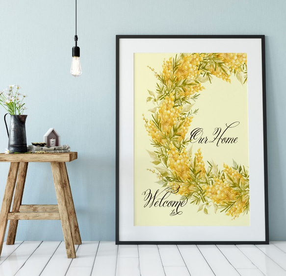 北欧ポスター【 玄関ウエルカムボード ミモザ 】家族名入れ　お店の受付　ウエディング用にも　花　ミモサ mimosa 1枚目の画像